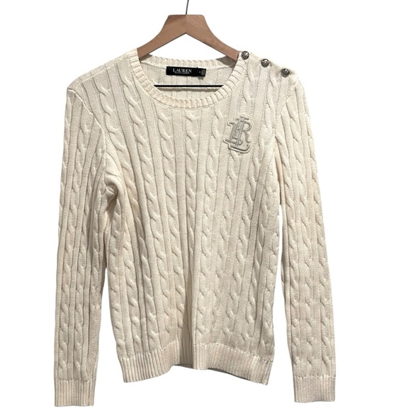 Ralph Lauren Off White Cable Knit Sweater, Crew Neck, Monogram,Silver Buttons, M - Picture 2 of 16